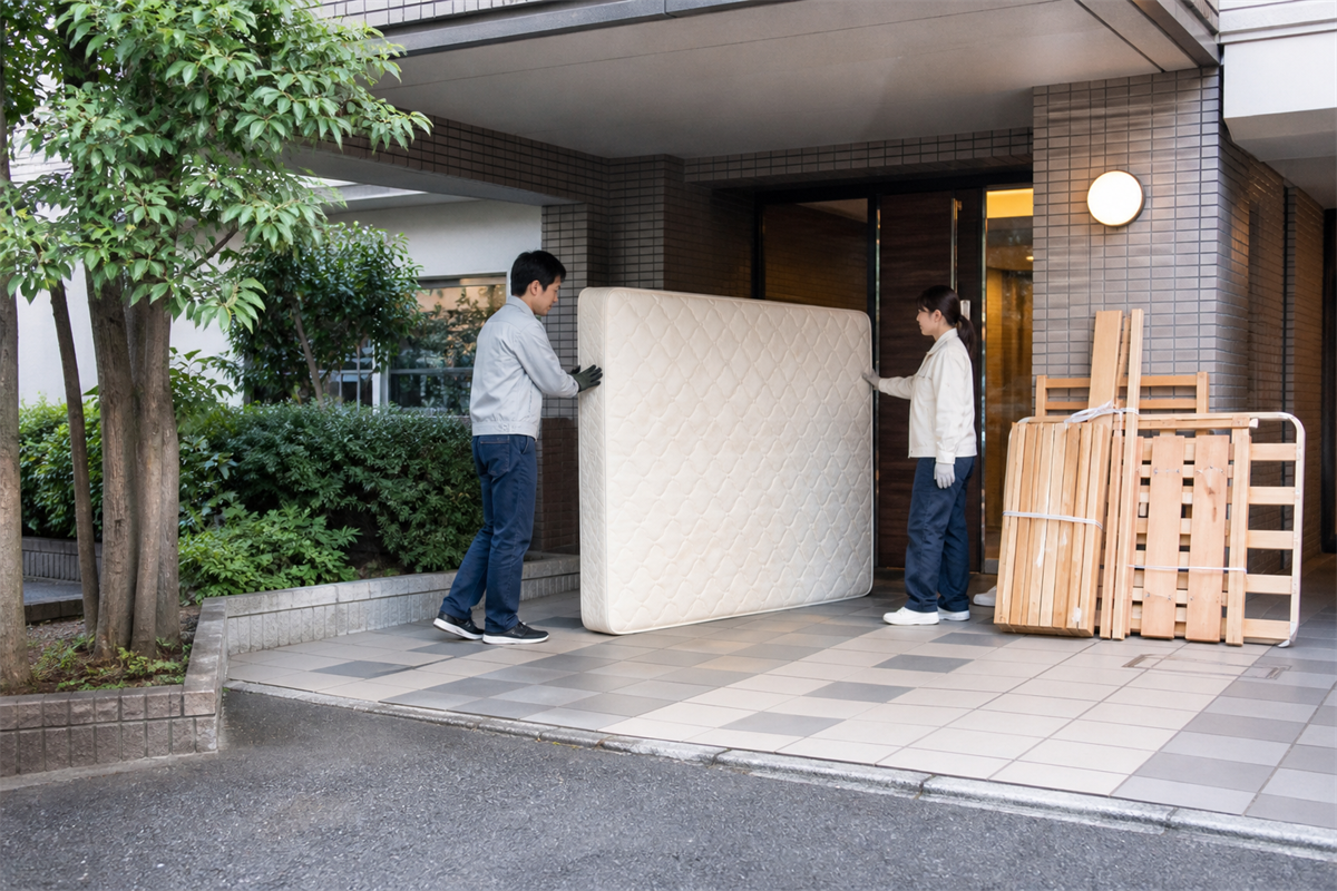 大型ごみの収集に備えてマットレスを玄関側へ移す様子
