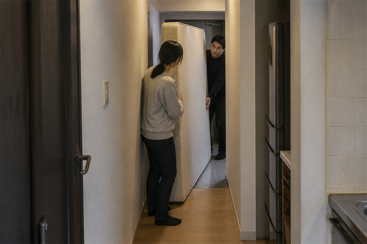 狭い廊下でマットレスの搬出経路を確認する様子