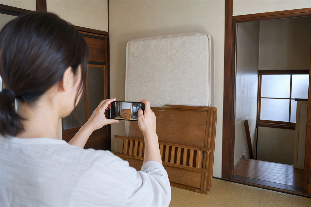 ベッドと搬出経路を撮影して見積りを準備する様子