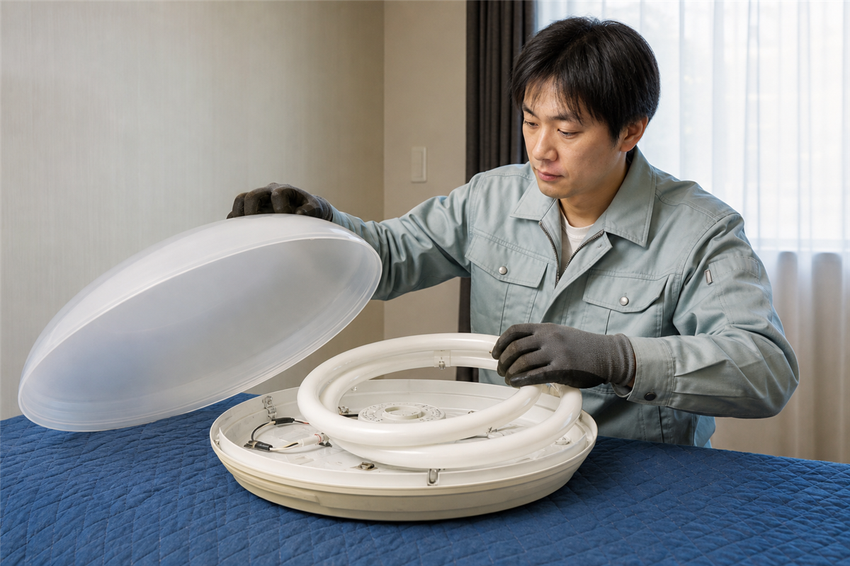 脚立を使わず床で照明本体とカバーを分ける様子