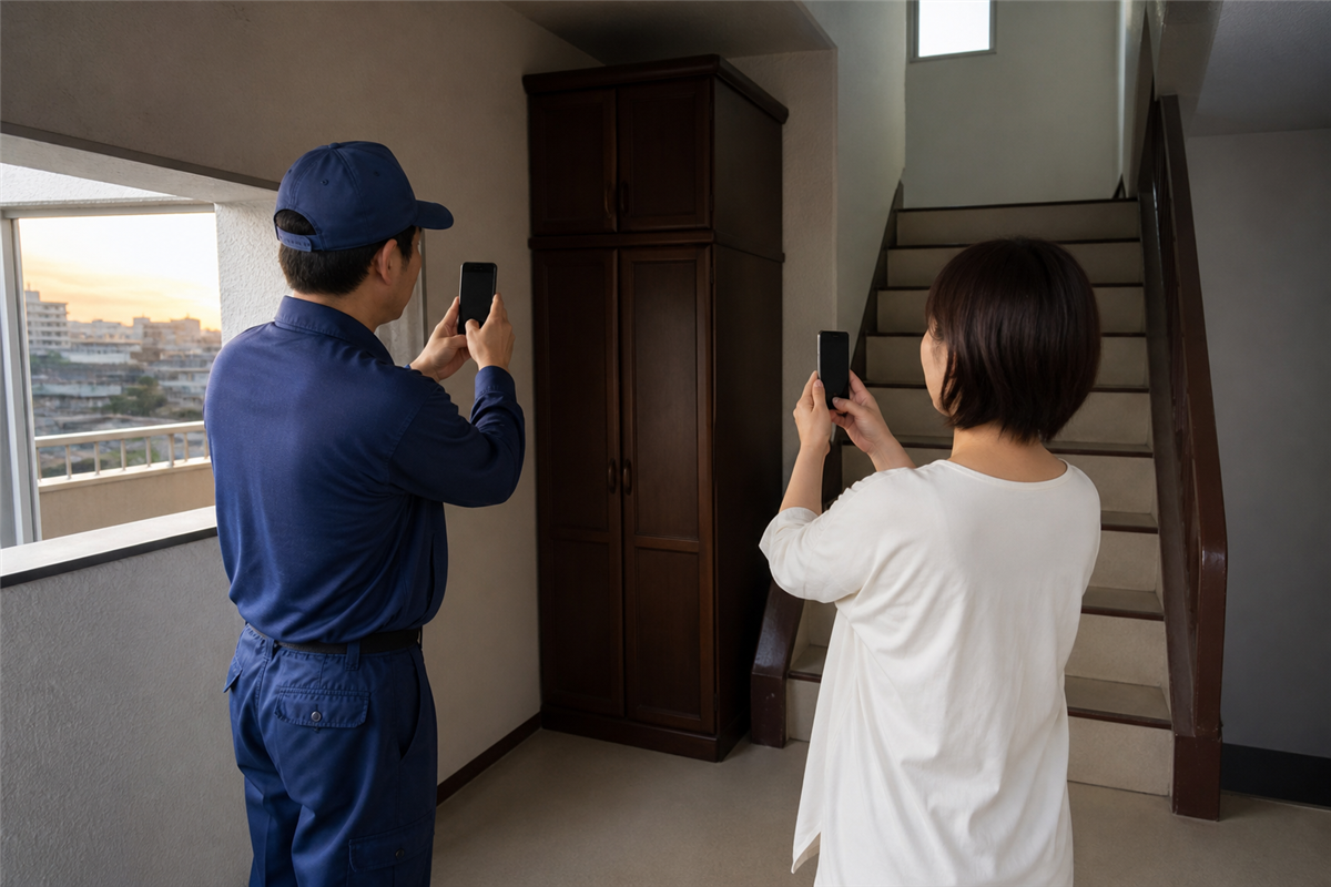 食器棚と階段の写真をそろえて見積りを準備する様子