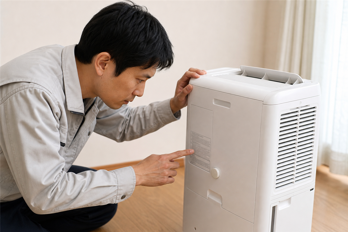 除湿機の型番と冷風機能を確認する様子