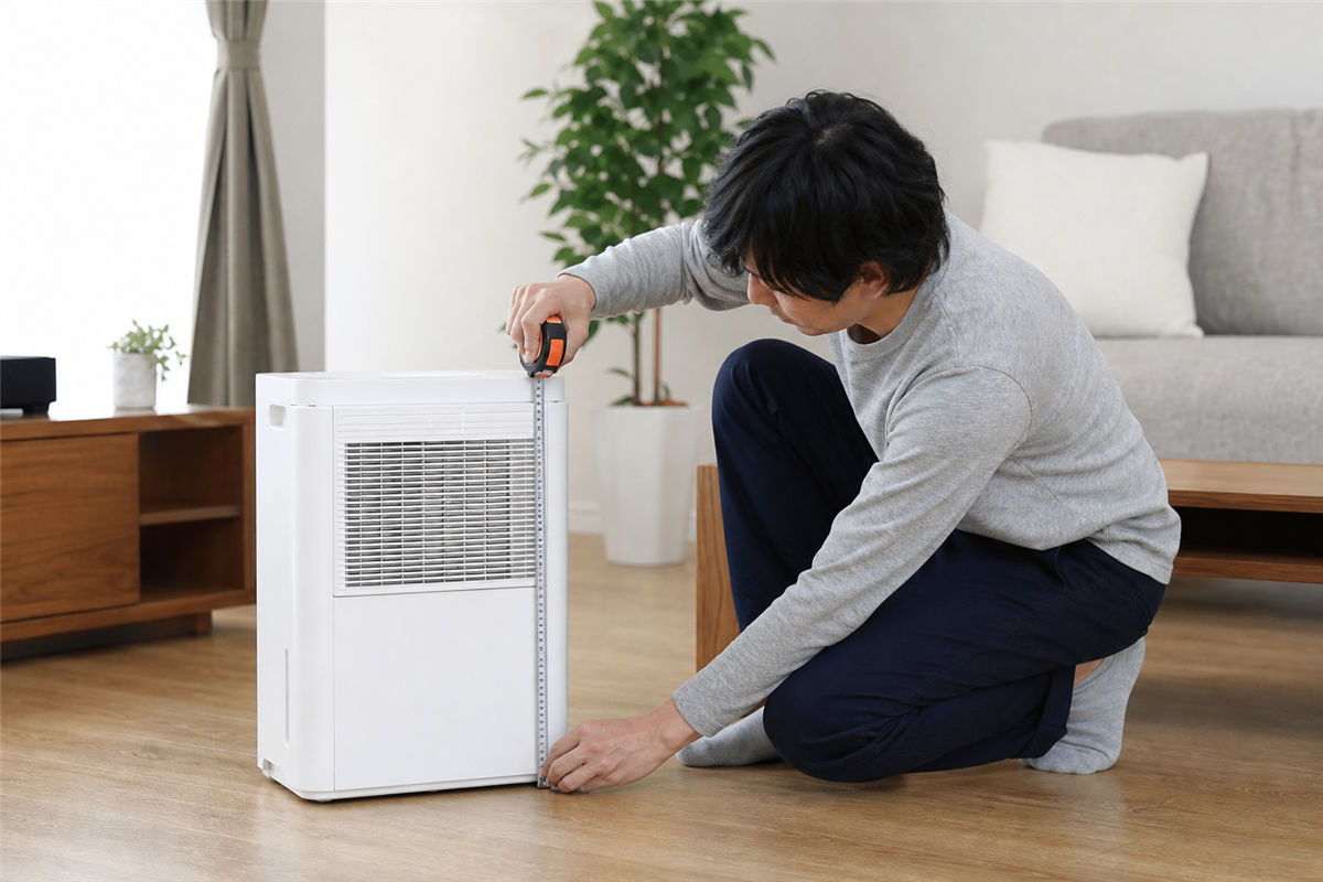 除湿機の三辺を測る様子