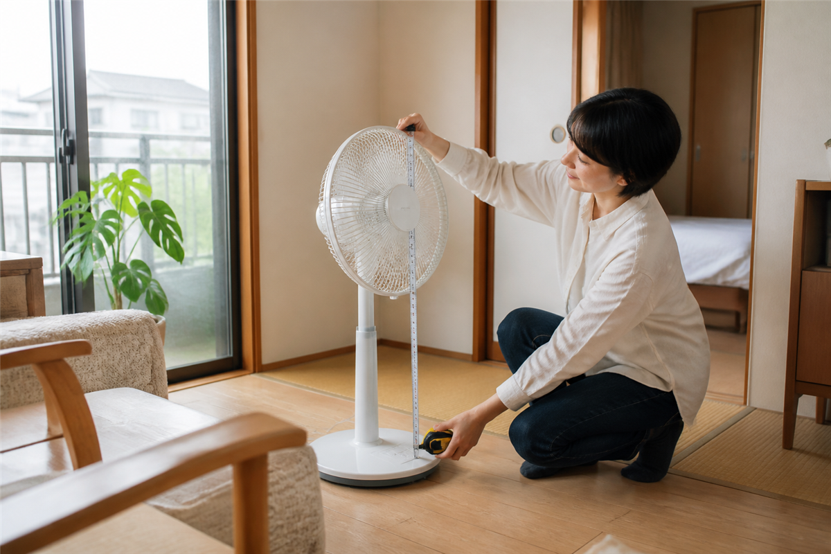 リビング扇の幅と高さを測る様子