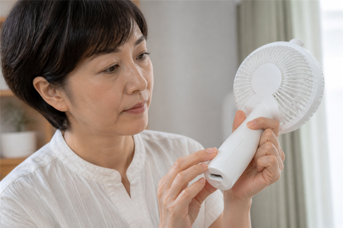 充電式扇風機の電池表示を確認する様子