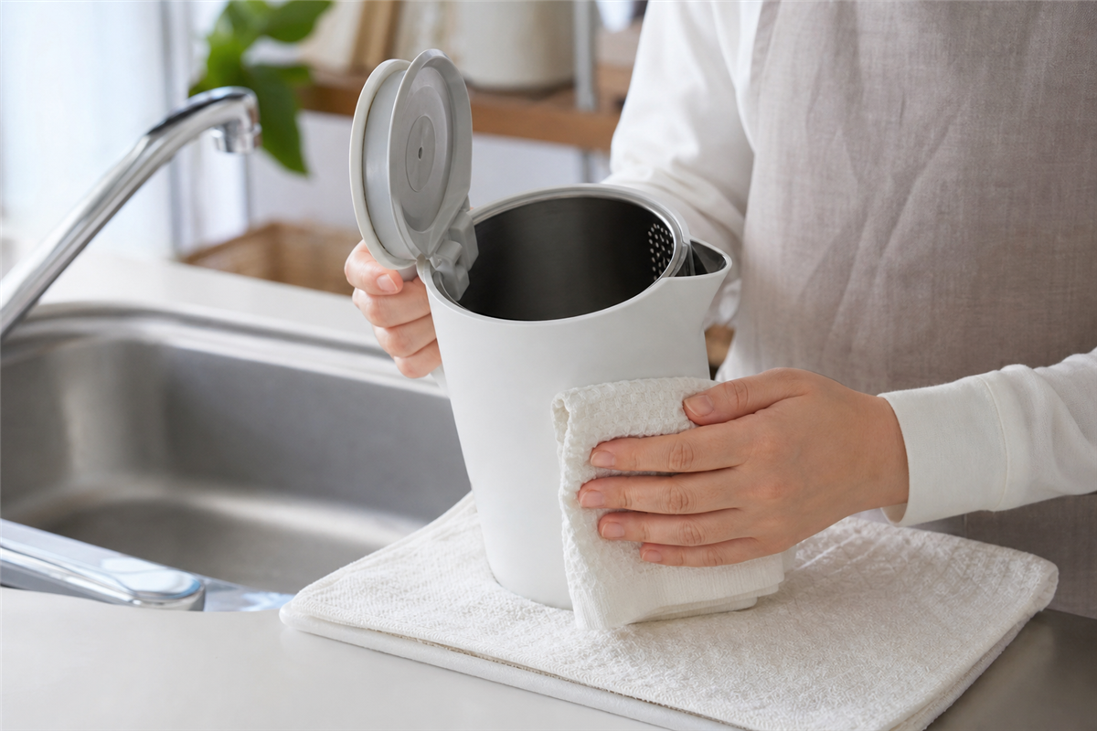 電気ケトルから水を抜いて乾かす様子