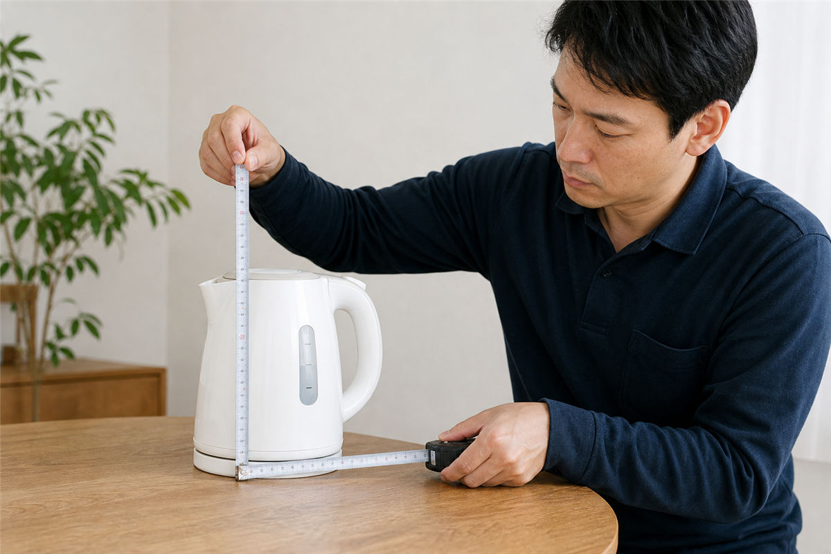 電気ケトルの寸法を測る様子