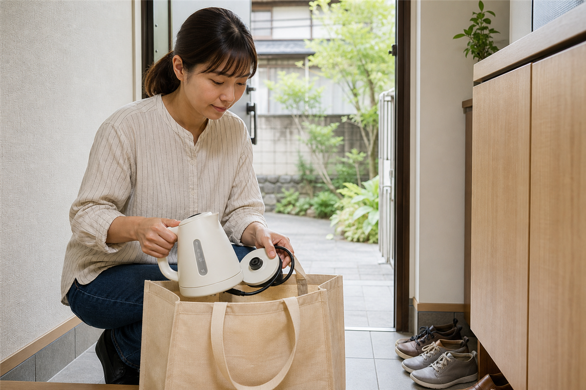 玄関で小型家電の持込み準備をする様子