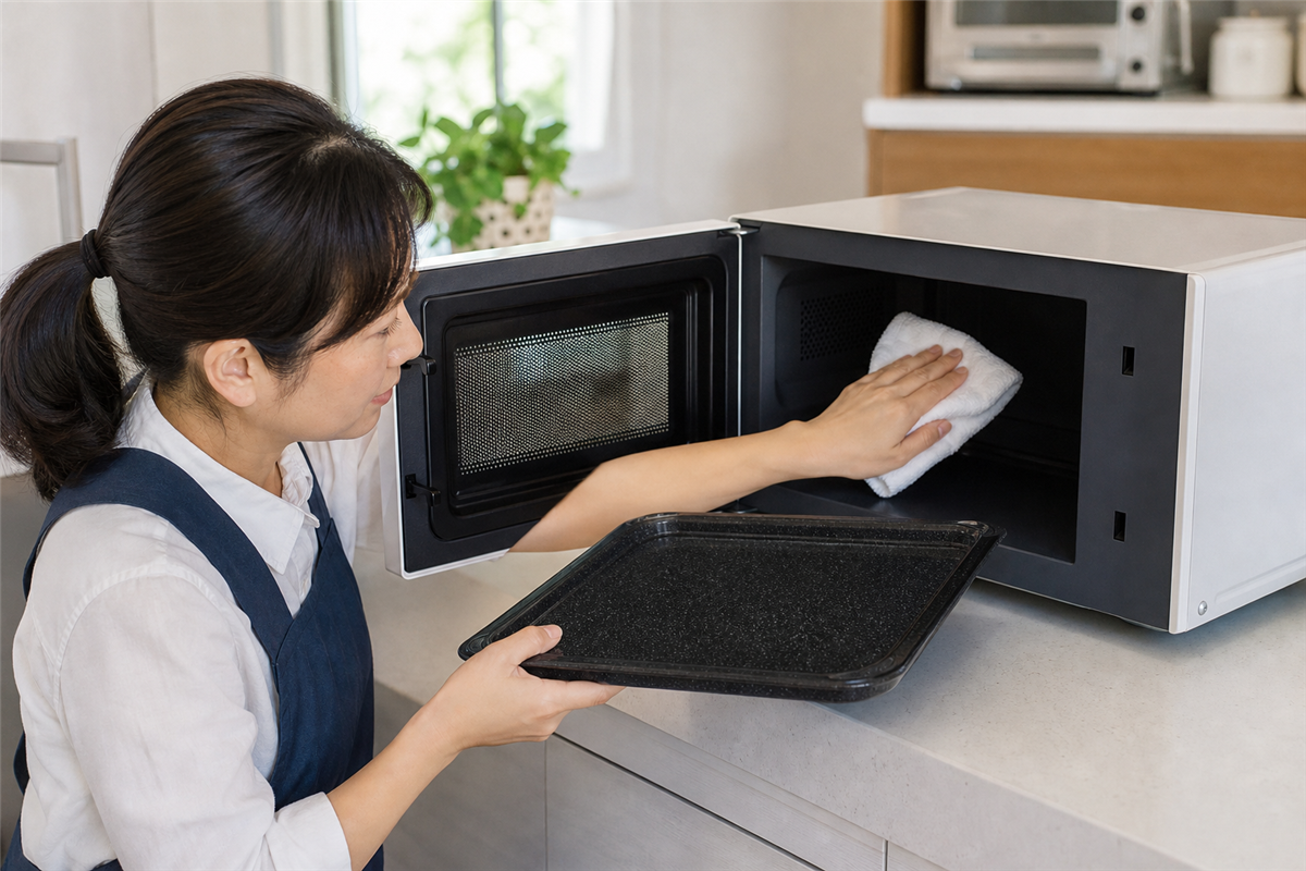 電子レンジの付属品を外して清掃する様子