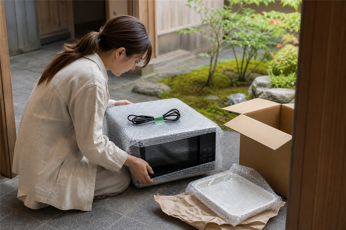 電子レンジのコードとトレーを安全にまとめる様子