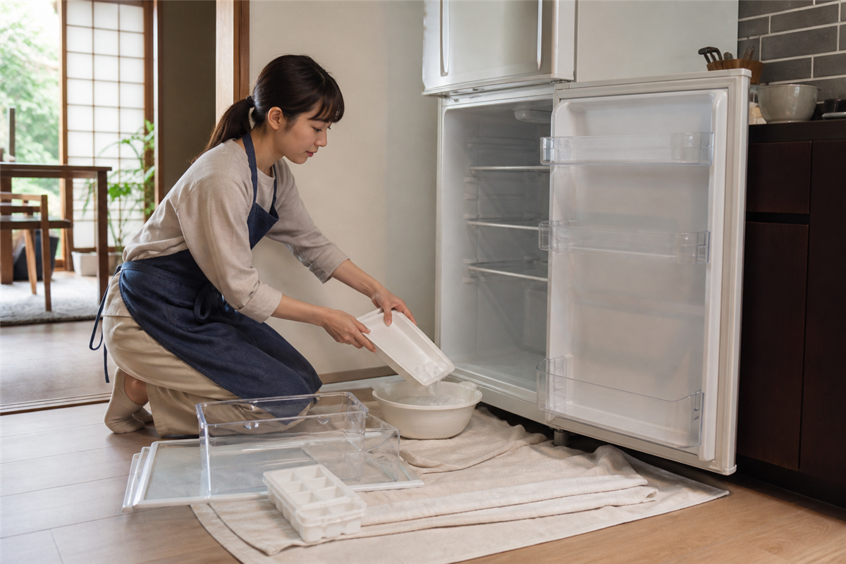 冷蔵庫の食品と霜を整理して搬出準備をする様子