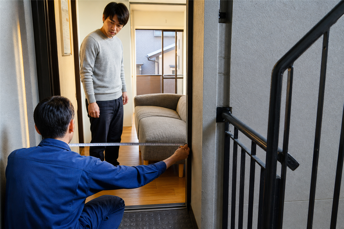 ソファと玄関までの搬出経路を測る様子