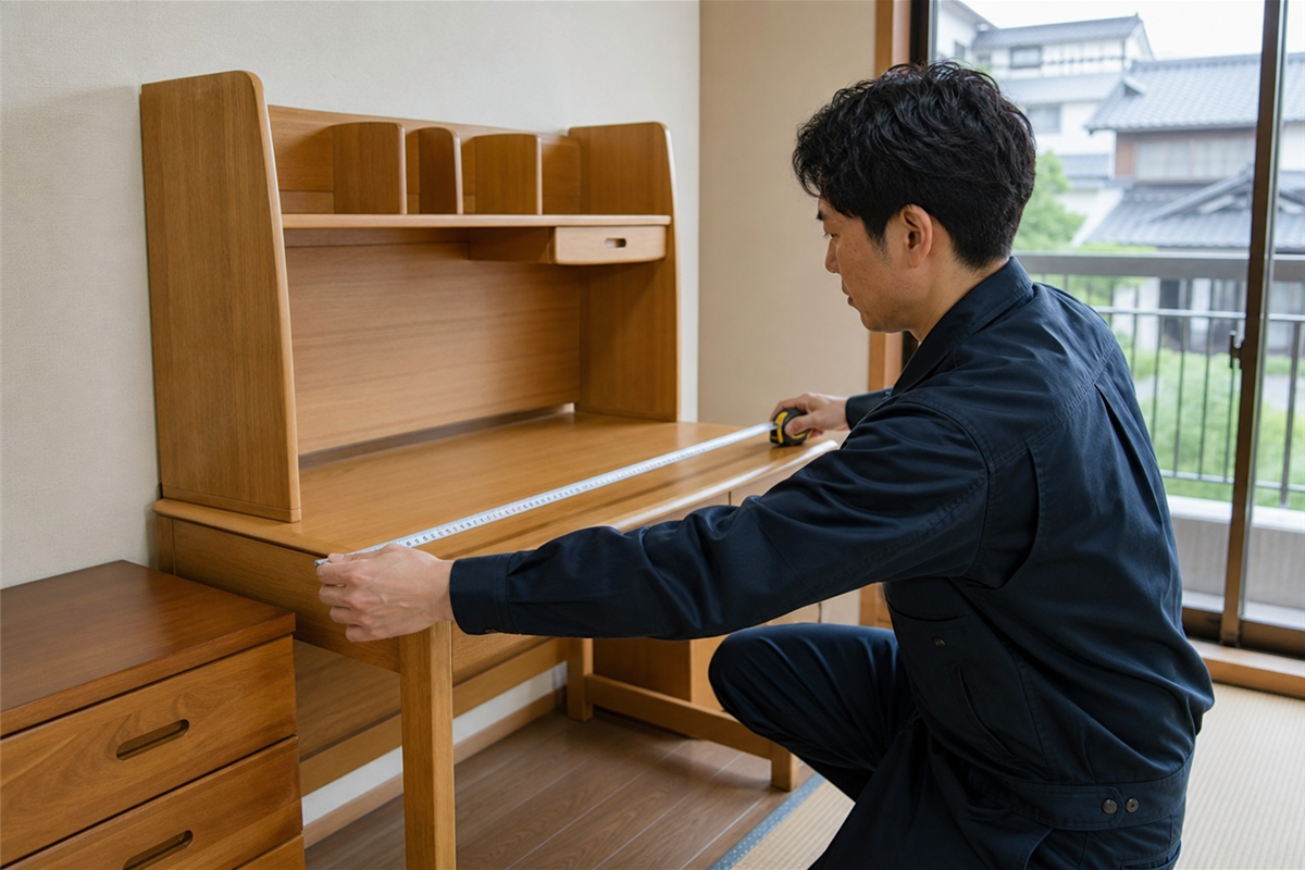 学習机の幅と高さを測る様子