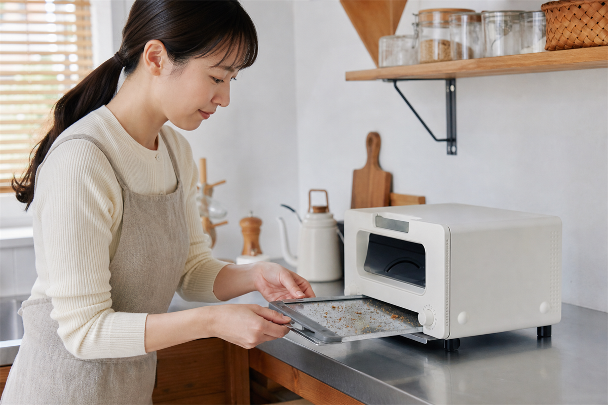 トースターのパンくず受け皿を外す様子