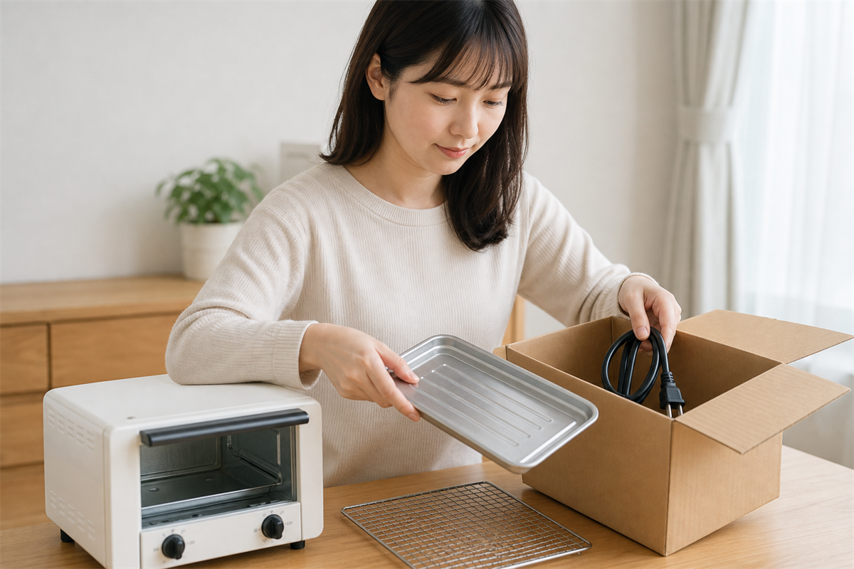 コードと本体を箱へ収めて持込み準備する様子