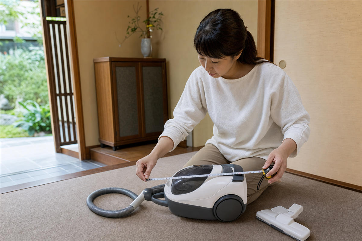 掃除機本体の幅と高さを測る様子