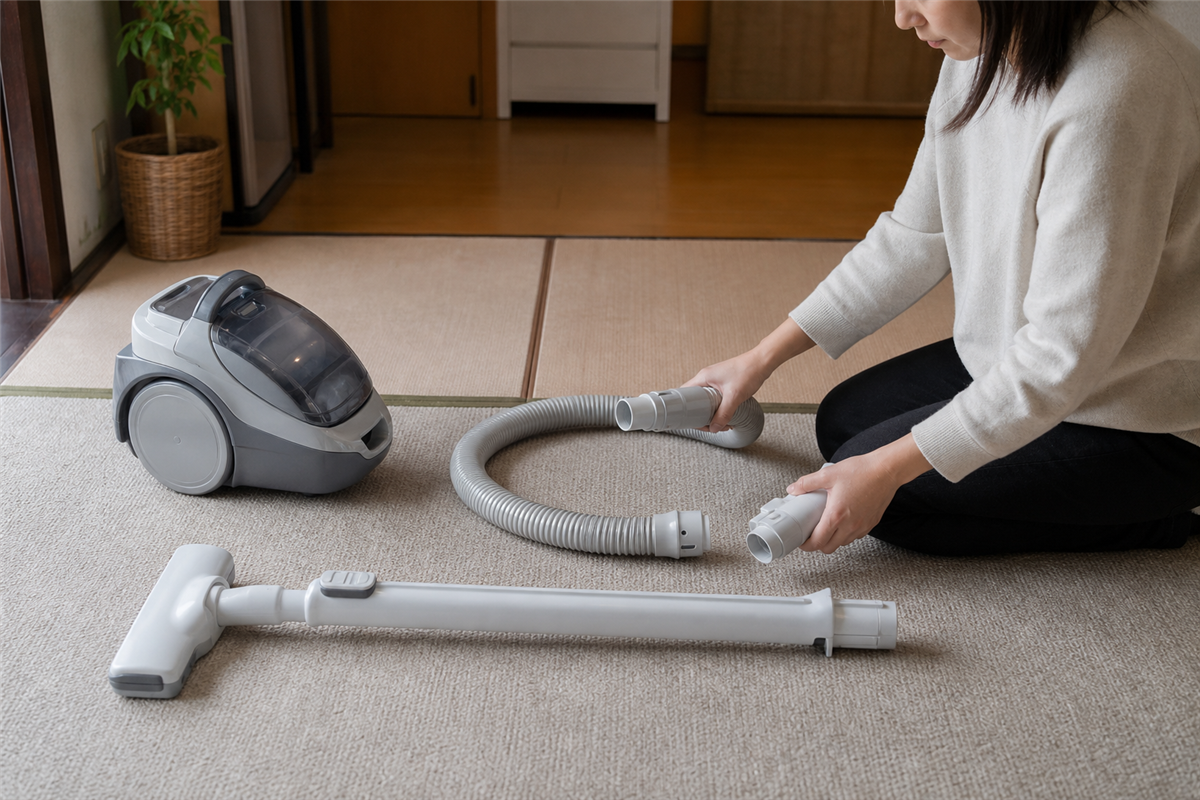 掃除機のホースとノズルを分ける様子