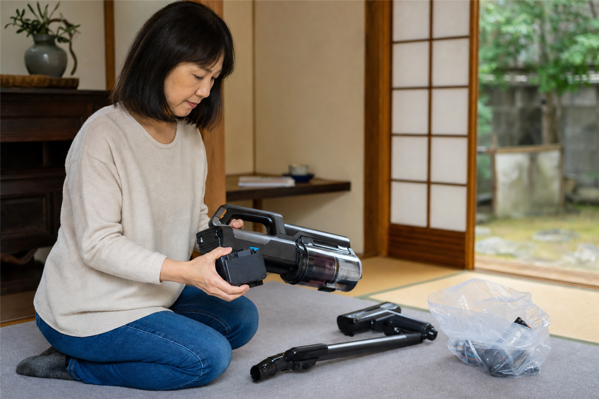 コードレス掃除機から充電池を確認する様子