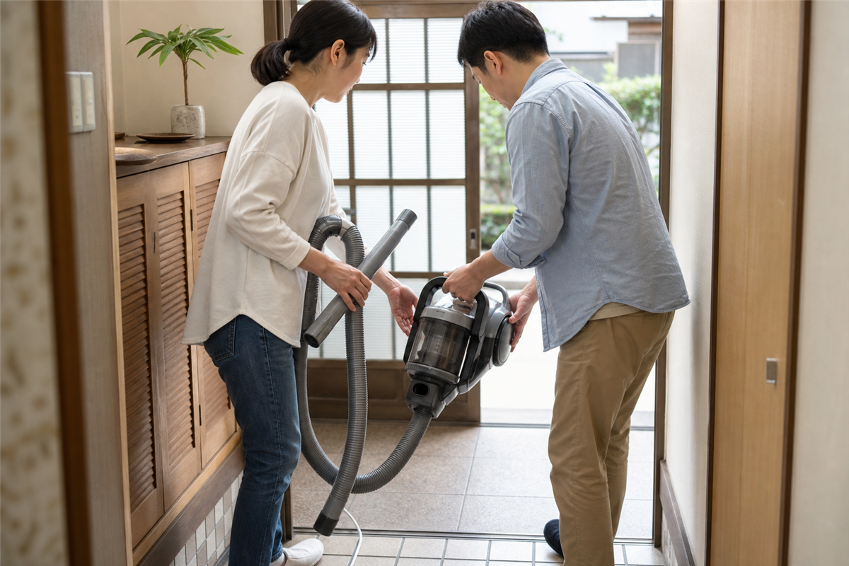 掃除機を玄関まで安全に搬出する様子