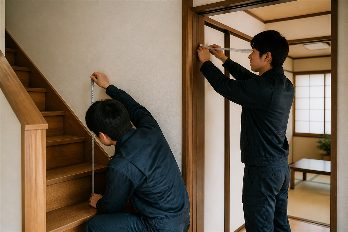 タンスと玄関までの搬出経路を測る様子