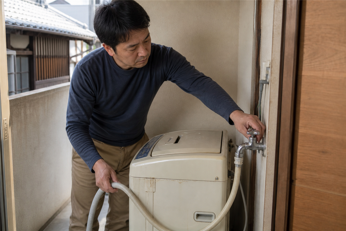 洗濯機のメーカー名と容量ラベルを確認する様子
