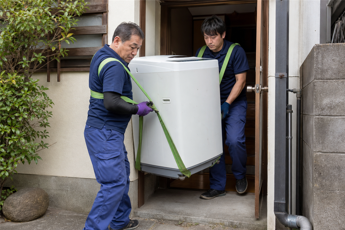 洗濯機の給水栓と排水ホースを停止後に確認する様子