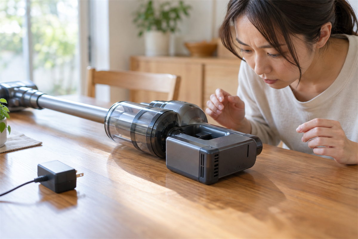 電源を切った充電式掃除機のバッテリー周辺を目視する様子