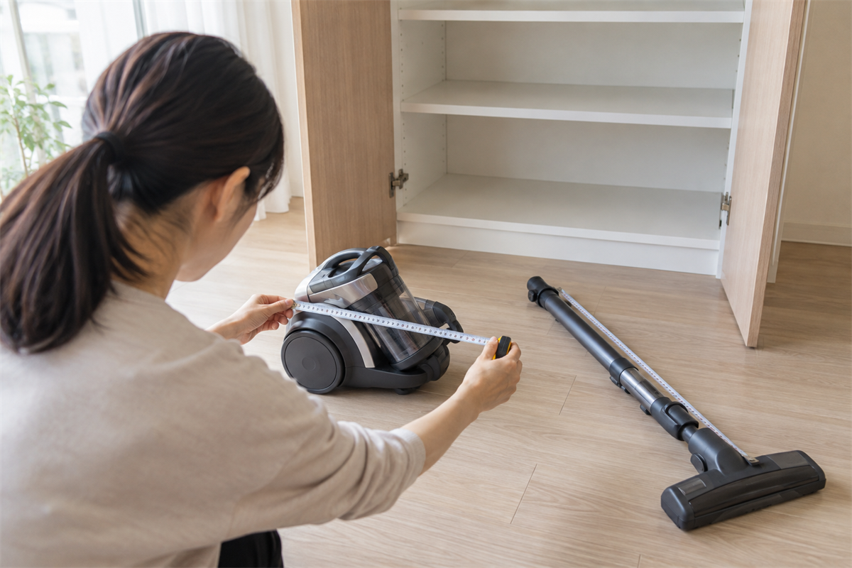 分けた充電式掃除機の本体と延長パイプの寸法を測る様子