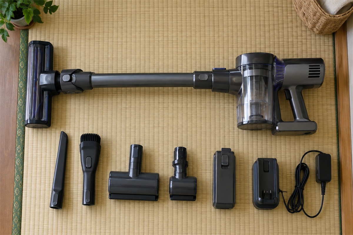 コードレス掃除機の本体と充電器、ノズル、充電池を並べた状態