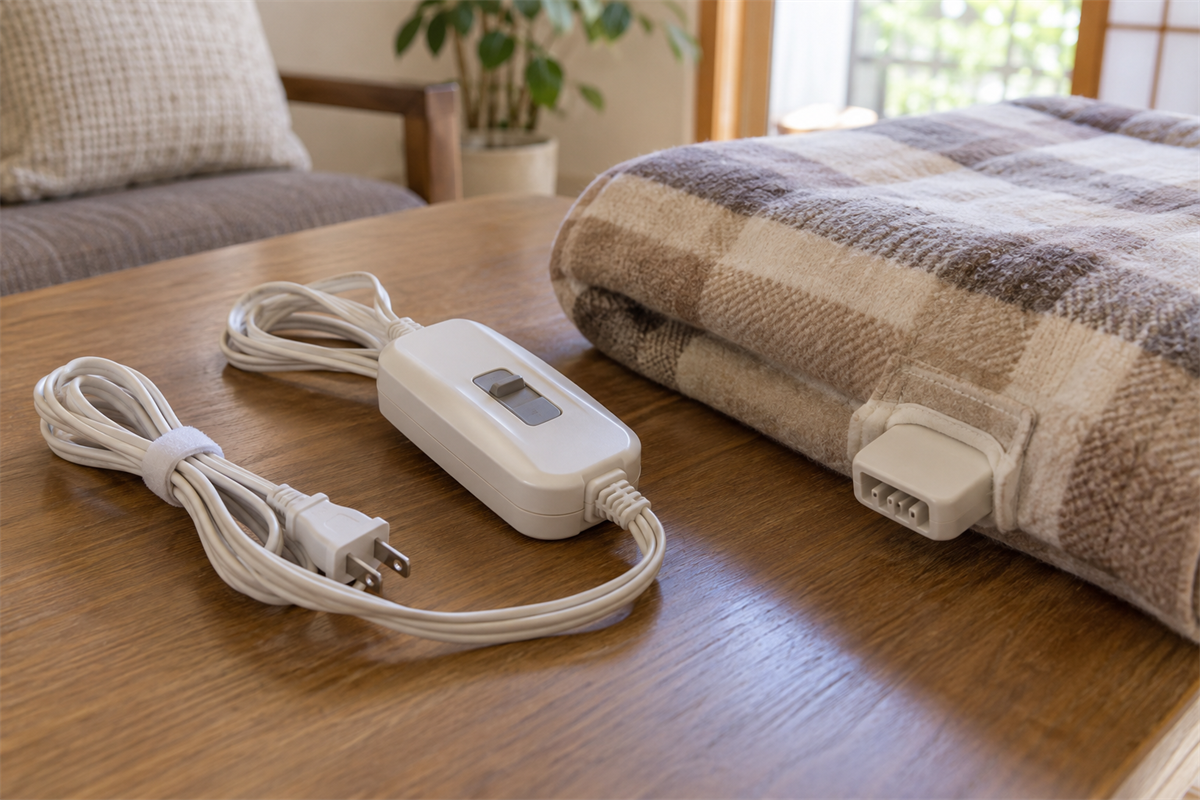 電気毛布のコントローラーと電源コード、接続部