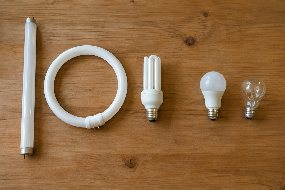 直管型・サークル型・電球型の蛍光管とLED電球を分けた例