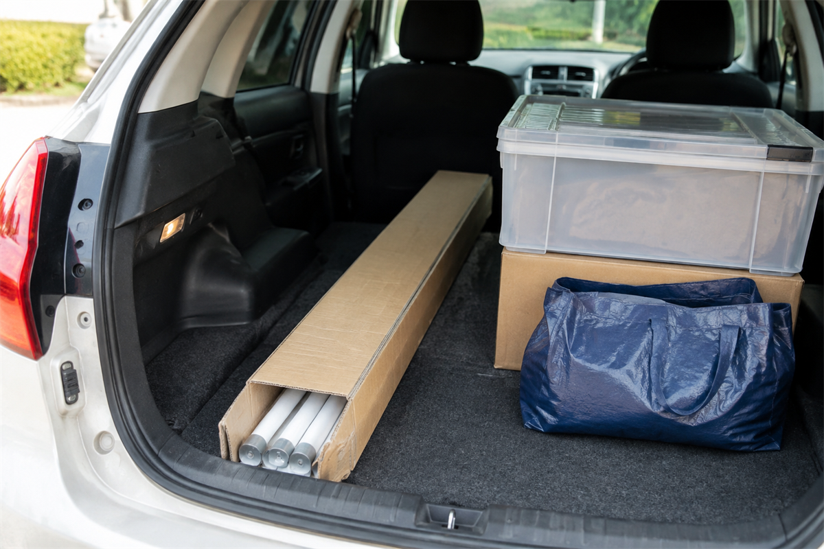 箱に入れた蛍光管を車内の安定した場所へ積んだ状態