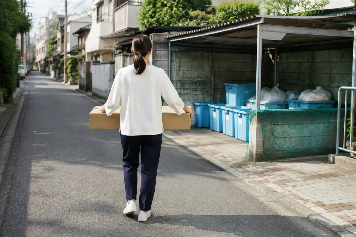 蛍光管を収めた細長い箱を回収拠点へ運ぶ様子