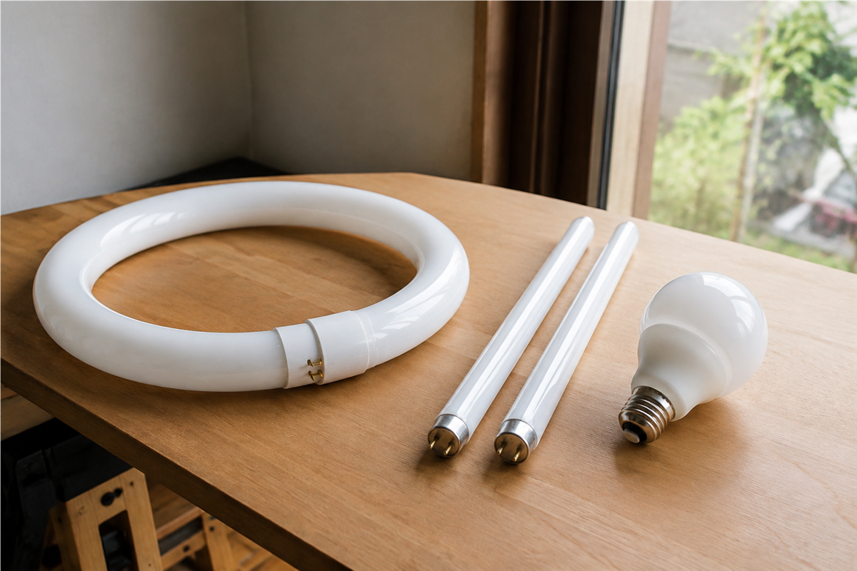 環型・直管型・電球型の蛍光管の形状例