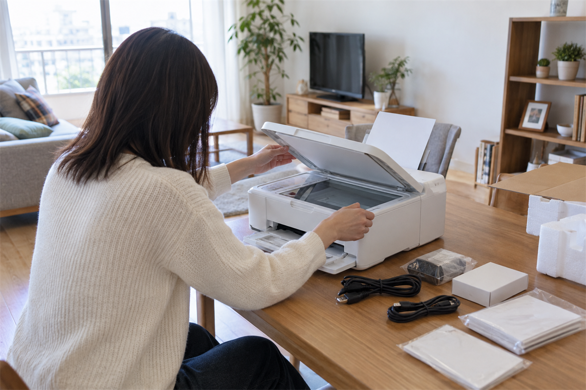 家庭用プリンターの内部と付属品を確認する様子