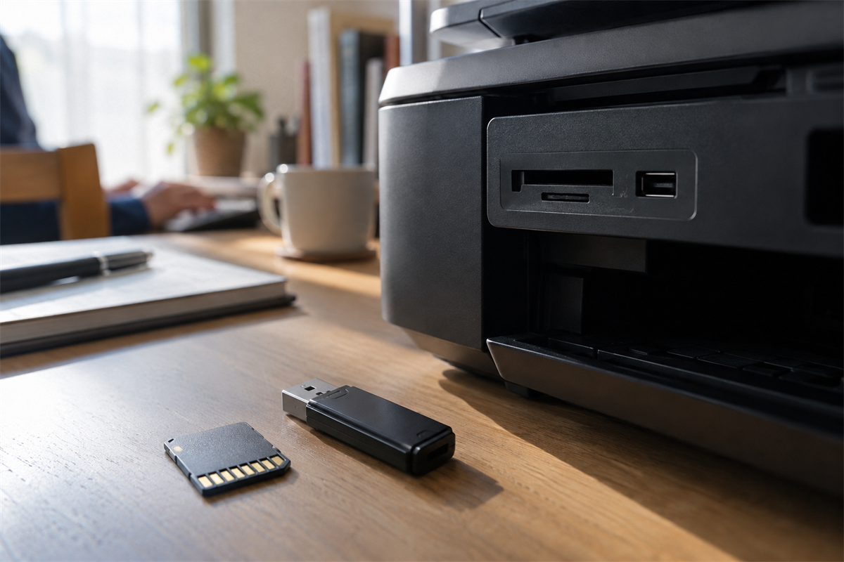 プリンターから取り外したSDカードとUSBメモリ