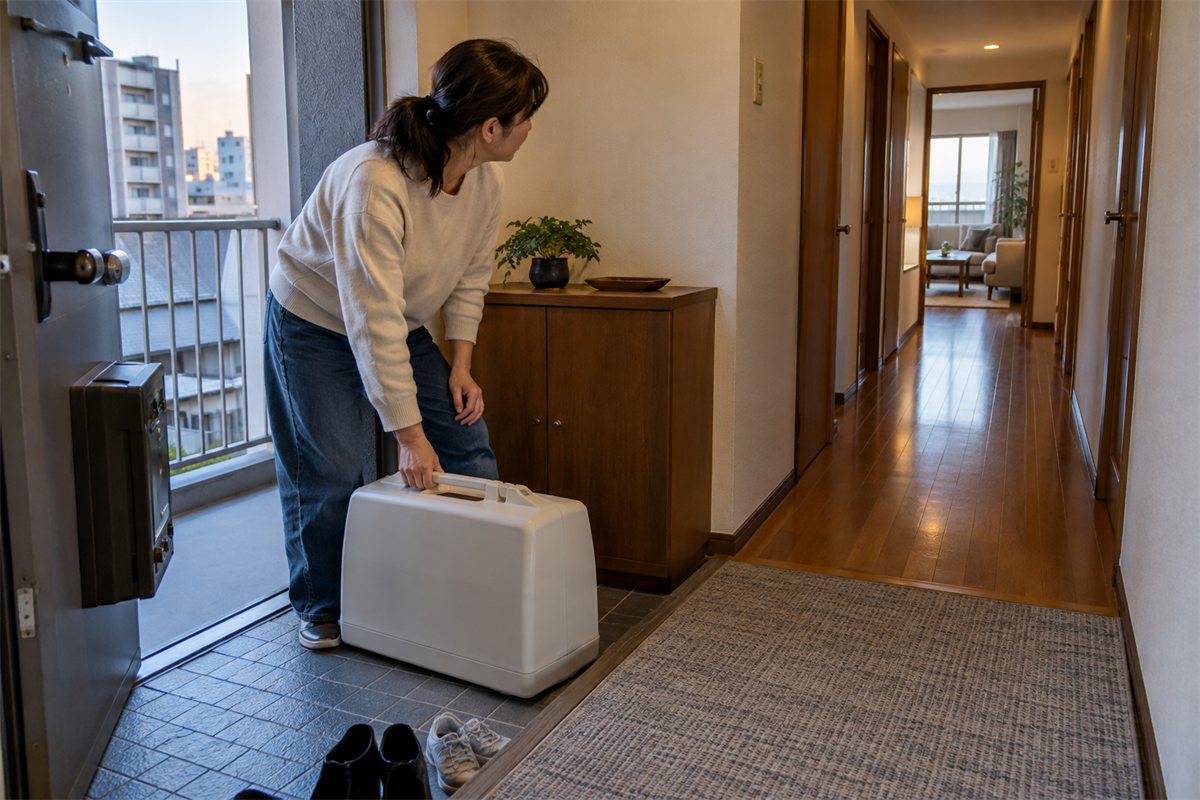 大型ごみに申し込む前に家庭用ミシンの搬出経路を確認する様子