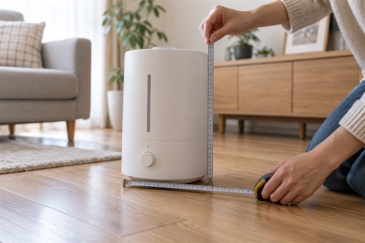 加湿器の高さ・幅・奥行きをメジャーで測る様子