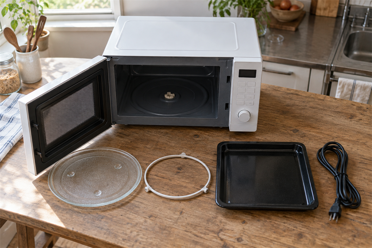 電子レンジの丸皿、角皿、回転台、電源コードを並べた状態