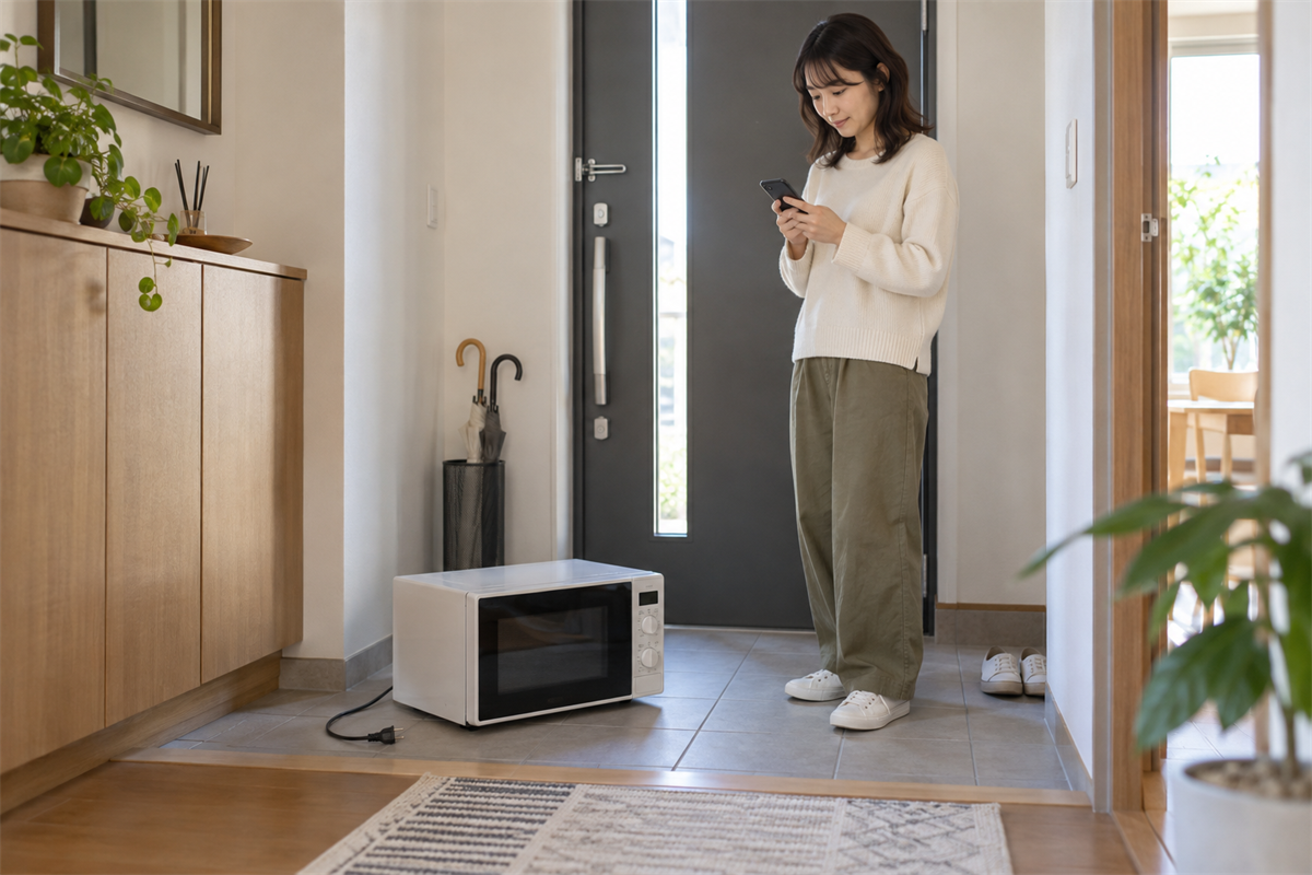 大型ごみの申込内容を玄関で確認する電子レンジの所有者
