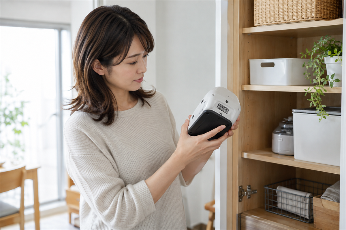 小型家電から電池を取り外せるか外観を確認する様子