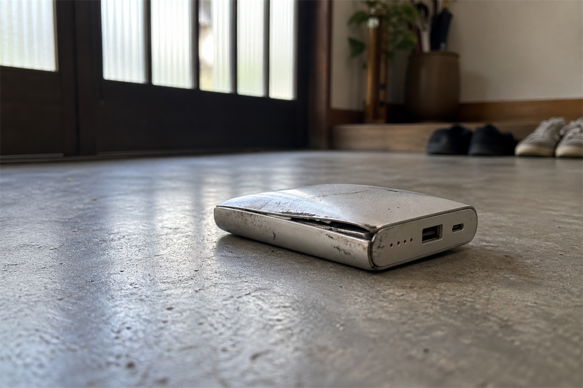 膨張したモバイルバッテリーを触れずに確認する場面
