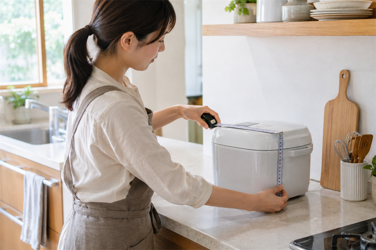 ふたを閉じた炊飯器の幅・奥行・高さを測る様子
