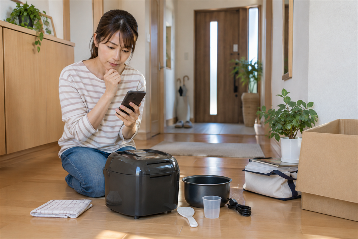 確認済みの炊飯器を前に再利用相談と市の回収を検討する様子