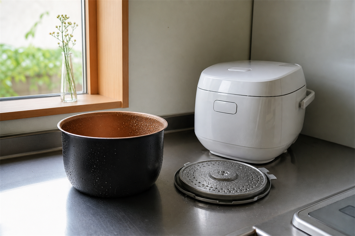 炊飯器の内釜と蒸気口を空にして乾かす場面