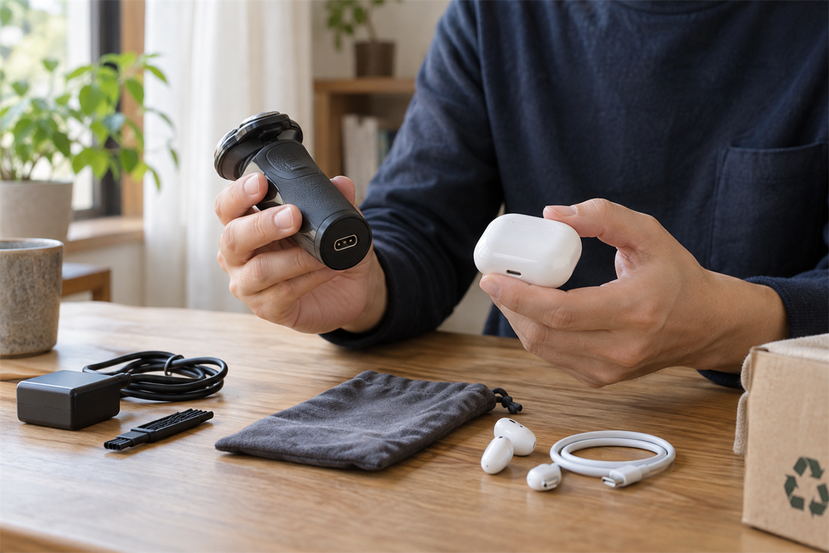 シェーバー本体とワイヤレスイヤホンの充電ケースを別々に確認する手元