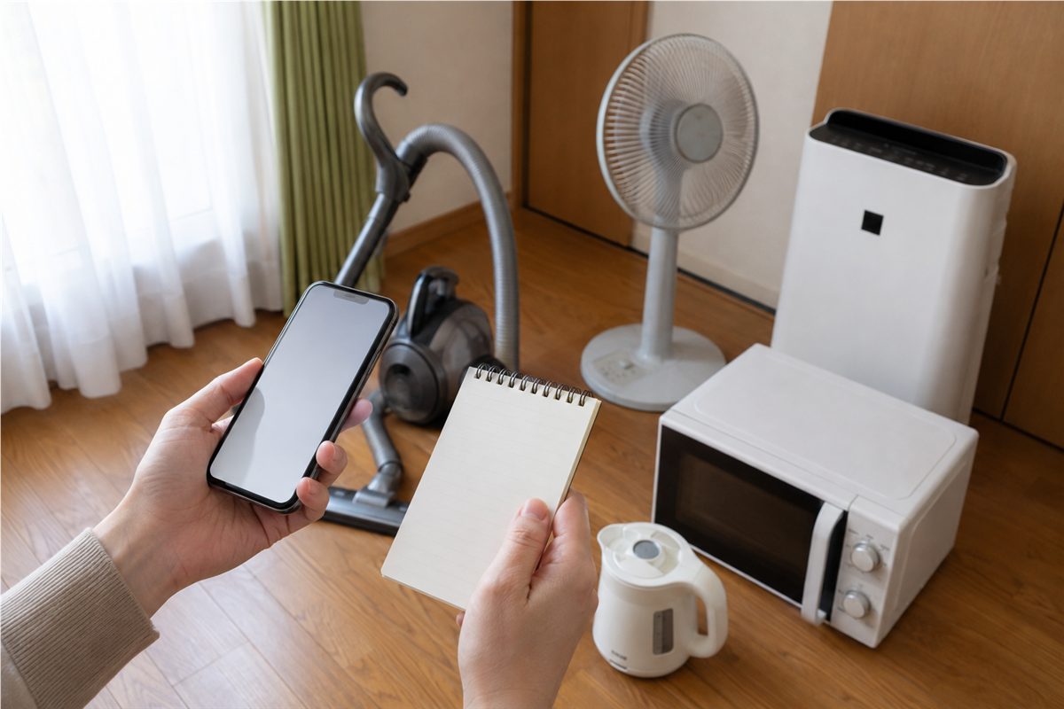 大型ごみ受付センターへの問い合わせ前に小型家電を確認する様子