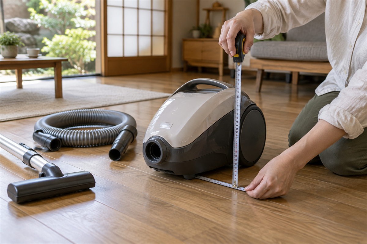 ホースを外した掃除機本体の三方向を巻尺で測る様子
