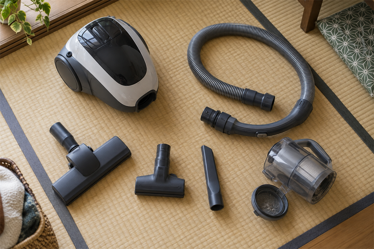 掃除機本体とホース、ノズル、空にしたダスト容器
