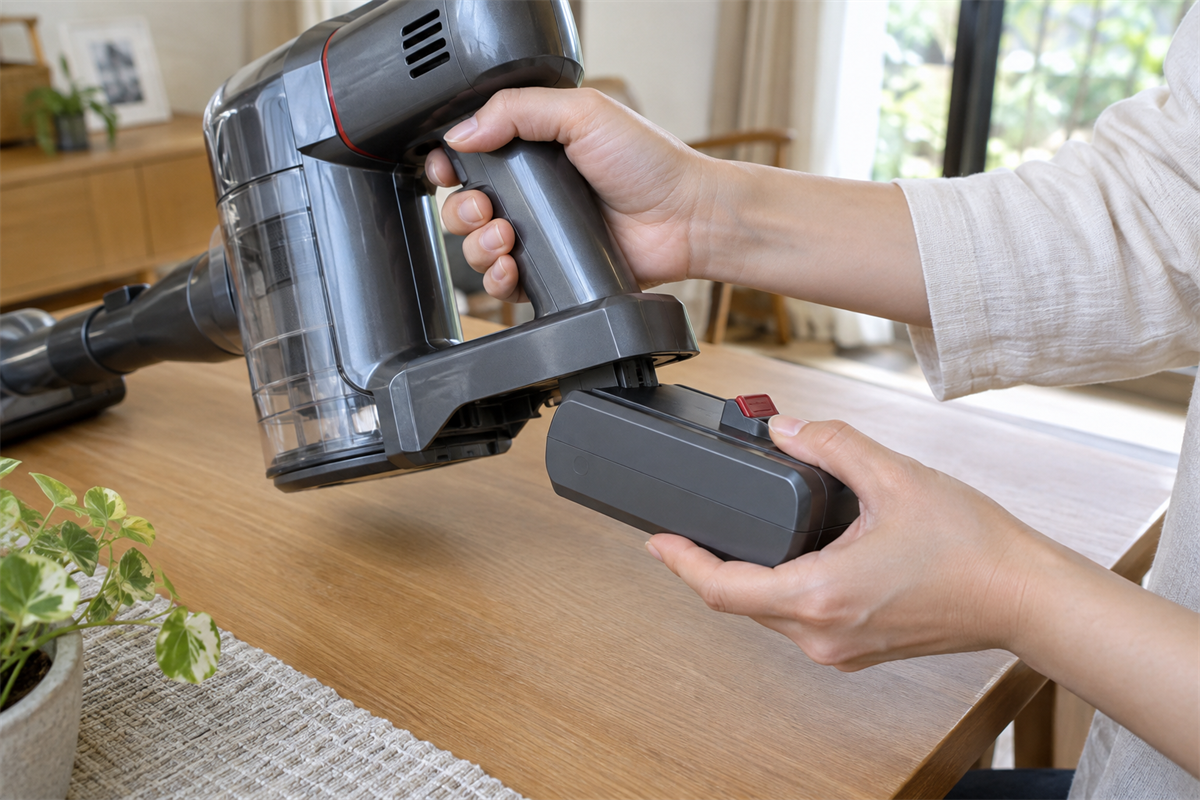コードレス掃除機から充電式電池を取り外して確認する手元
